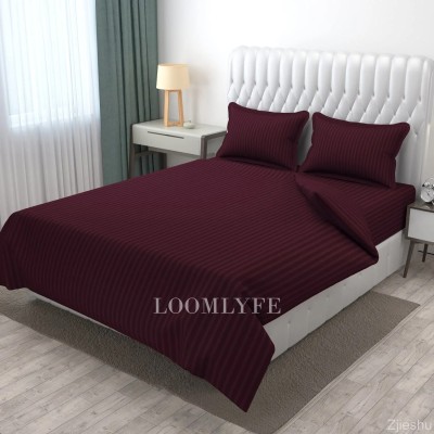 LOOMLYFE 210 TC Satin Double Striped Flat Bedsheet(Pack of 1, Wine)