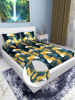 Italian Fab 210 TC Cotton Double Printed Fitted (Elastic) Bedsheet(Pack of 1, Green Floral)