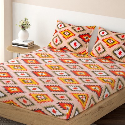 HOKiPO 180 TC Microfiber King Abstract Fitted (Elastic) Bedsheet(Pack of 1, Apricot Kilim)