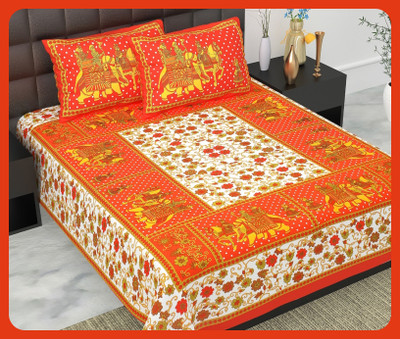 BedZone Cotton Double Flat 240 TC Jaipuri Prints Bedsheet(Pack of 1, Orange)