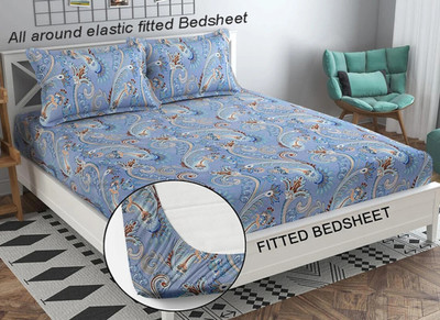 Loof Klapper 210 TC Cotton Double 3D Printed Fitted (Elastic) Bedsheet(Pack of 1, Purple)