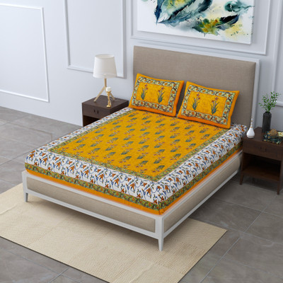 Monik Handicrafts Cotton King Flat 144 TC Jaipuri Prints Bedsheet(Pack of 1, Yellow)