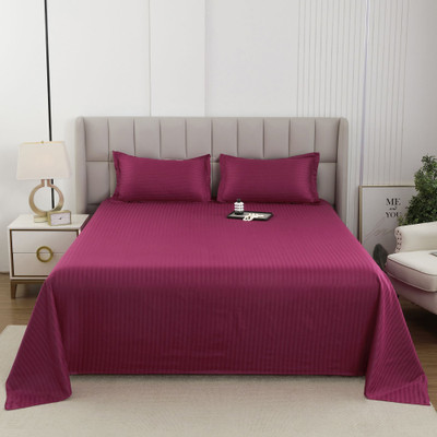 Story@home Cotton King Flat 300 TC Striped Bedsheet(Pack of 1, Maroon)