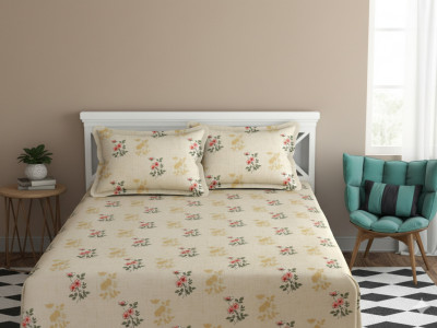 CosyHugs Cotton King Flat 210 TC Printed Bedsheet(Pack of 1, Beige)