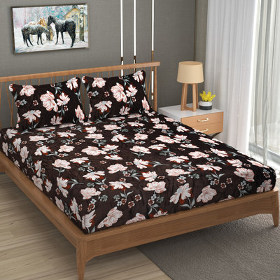 ottojoy Woolen Double Fitted (Elastic) 400 TC Floral Bedsheet(Pack of 1, Brown Floral)
