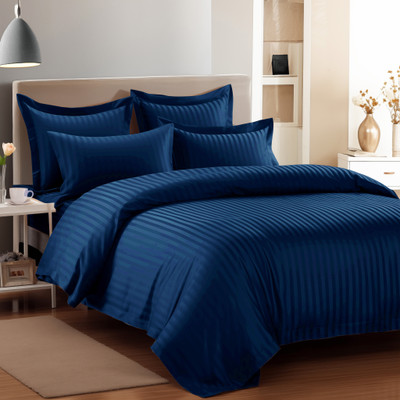 Story@home Microfiber Double Flat 300 TC Striped Bedsheet(Pack of 1, Navy Blue)