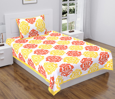 BATHAM HANDLOOM 104 TC Cotton Single Jaipuri Prints Flat Bedsheet(Pack of 1, Yellow)