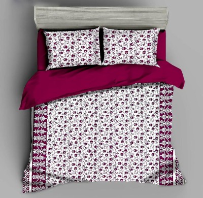 Lovinfab 180 TC Cotton, Polycotton Queen Floral Flat Bedsheet(Pack of 1, White, Maroon(Purpole Red))