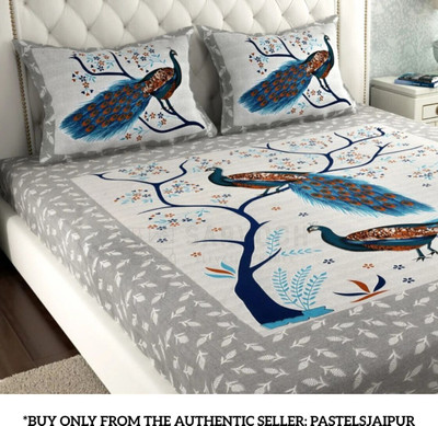 PahalArts Cotton Double Flat 144 TC Jaipuri Prints Bedsheet(Pack of 1, Grey)
