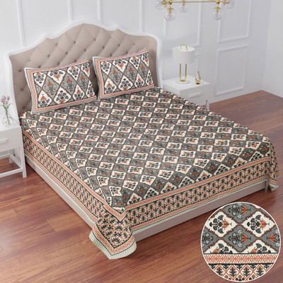 BharatLinen Cotton King Flat 260 TC Jaipuri Prints Bedsheet(Pack of 1, Grey)