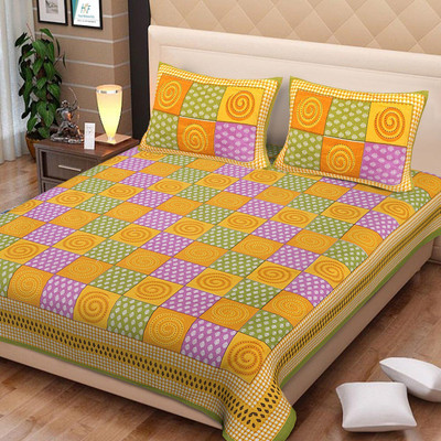 Home@shop Cotton Double Flat 144 TC Jaipuri Prints Bedsheet(Pack of 1, Green, Yellow)