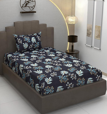 Kawi 200 TC Polycotton Single Floral Fitted (Elastic) Bedsheet(Pack of 1, Blue Aqua)