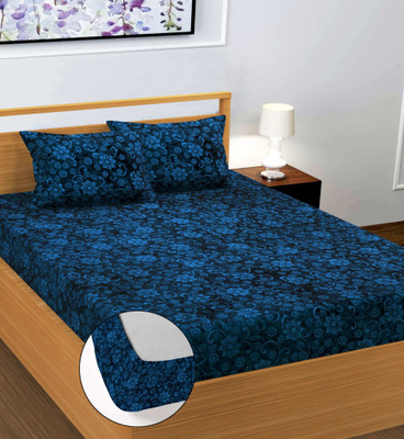 BM Decor Velvet King Fitted (Elastic) 300 TC Self Design Bedsheet(Pack of 1, Blue)