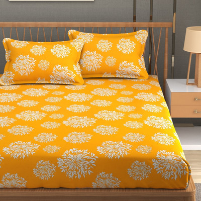 HOMIMPEX Cotton King Fitted (Elastic) 280 TC Floral Bedsheet(Pack of 1, Yellow)