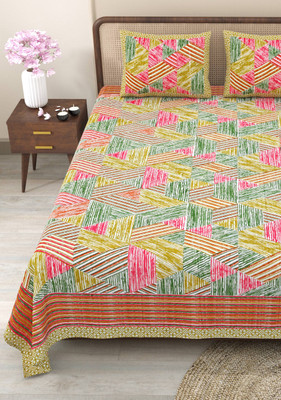 CLOTHOLOGY Cotton King Flat 240 TC Jaipuri Prints Bedsheet(Pack of 1, Green, Brow, Sea Green)