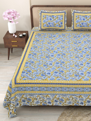 CLOTHOLOGY Cotton King Flat 240 TC Jaipuri Prints Bedsheet(Pack of 1, Blue, Grey)