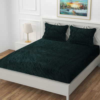 Moonroof Woolen, Velvet King Fitted (Elastic) 254 TC Solid Bedsheet(Pack of 1, Green, Solid)