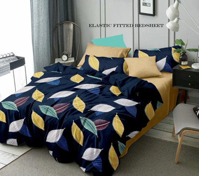 BlinkBerry Cotton Double, King Fitted (Elastic) 250 TC Floral Bedsheet(Pack of 1, Luxury Leaf Design Wrinkle Free Soft Bedsheet)