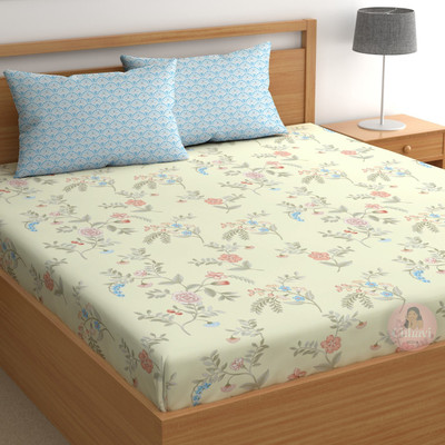 CHHAVI INDIA 210 TC Microfiber King Printed Flat Bedsheet(Pack of 1, Beige Multi)