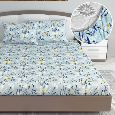 Divine Casa Cotton King Fitted (Elastic) 144 TC Floral Bedsheet(Pack of 1, Morning Mist)