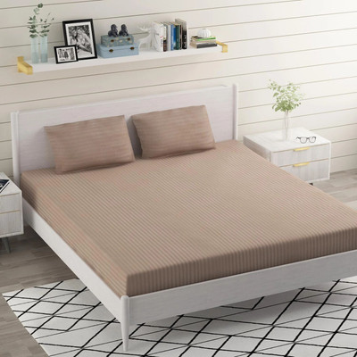 veerhl Cotton Blend Double Flat 240 TC Striped Bedsheet(Pack of 1, Beige)