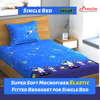 precise fabrics Microfiber Single Fitted (Elastic) 250 TC Printed Bedsheet(Pack of 1, Blue)