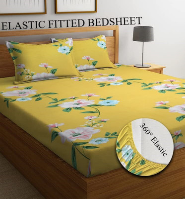 Amrange 210 TC Microfiber King Floral Fitted (Elastic) Bedsheet(Pack of 1, Yellow)
