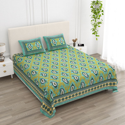 BharatLinen Cotton Super King Flat 200 TC Jaipuri Prints Bedsheet(Pack of 1, Green)