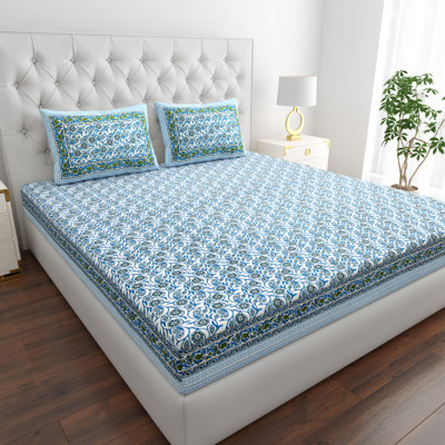 HYNA HOMM Cotton King Flat 210 TC Jaipuri Prints Bedsheet(Pack of 1, CGreen_Blue)