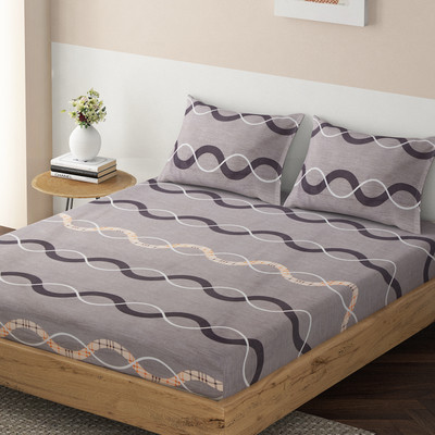 HOKiPO 140 TC Microfiber Queen Abstract Fitted (Elastic) Bedsheet(Pack of 1, Elegant Grey Waves)