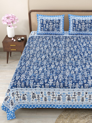 CLOTHOLOGY Cotton King Flat 240 TC Jaipuri Prints Bedsheet(Pack of 1, Blue, Navy Blue, White)