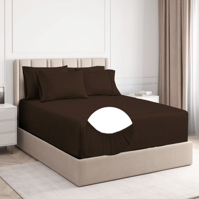 BSB HOME 220 TC Cotton King Striped Fitted (Elastic) Bedsheet(Pack of 1, Dark Brown)