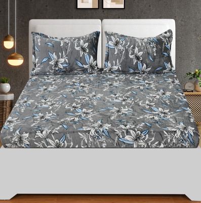 BeddingZone Cotton Double Fitted (Elastic) 300 TC Floral Bedsheet(Pack of 1, Grey)