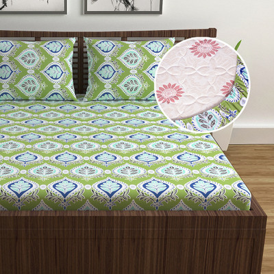 Divine Casa 144 TC Cotton Double Abstract Fitted (Elastic) Bedsheet(Pack of 1, Forest Green)