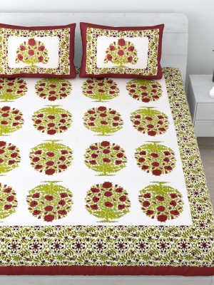 Living Roots 210 TC Cotton Queen Floral Flat Bedsheet(Pack of 1, Green)