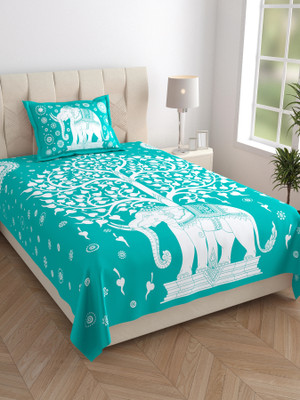 Mandakini 140 TC Cotton Single Jaipuri Prints Flat Bedsheet(Pack of 1, C Green)