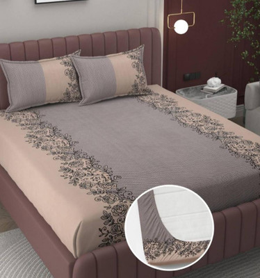 Rumps Cotton, Microfiber Queen Fitted (Elastic) 350 TC Striped Bedsheet(Pack of 1, Multicolor, Brown)