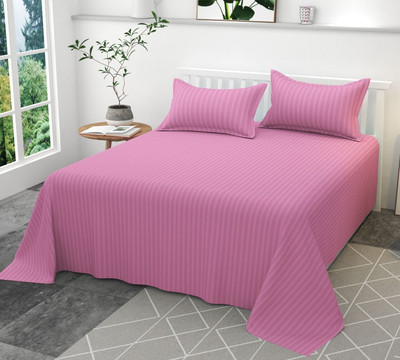 rivek Satin Double Flat 220 TC Striped Bedsheet(Pack of 1, Pink)