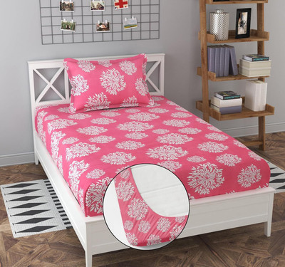 jinwal Cotton Blend Single Fitted (Elastic) 240 TC Printed Bedsheet(Pack of 1, Pink - Elastic / Fitted Bedsheet For Single Bed)