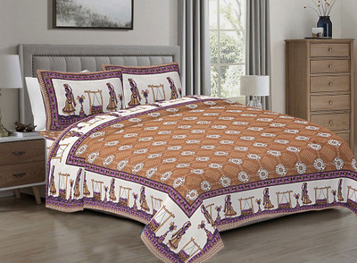 loomnbloom Cotton King Flat 230 TC Floral Bedsheet(Pack of 1, Brown)