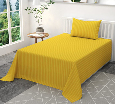 WUSA Satin Single Flat 210 TC Striped Bedsheet(Pack of 1, Yellow)