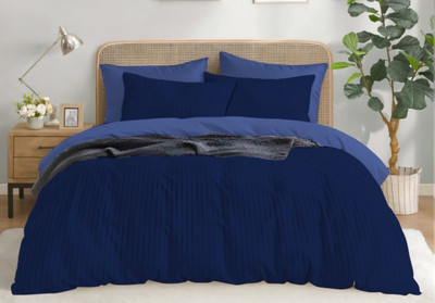 eleganzze Cotton Double Flat 300 TC Striped Bedsheet(Pack of 1, Navy Blue)