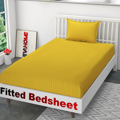 EVAHOME 300 TC Cotton Single Striped Fitted (Elastic) Bedsheet(Pack of 1, Yellow)
