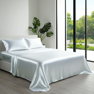 Indian Kingdom Satin Double Flat 400 TC Solid Bedsheet(Pack of 1, Silver)