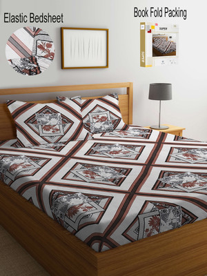 Klotthe 300 TC Polycotton Double Printed Fitted (Elastic) Bedsheet(Pack of 1, SquareMulti)