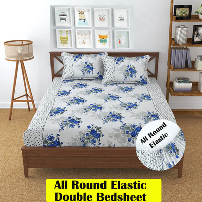 Apala 120 TC Polycotton Double Printed Fitted (Elastic) Bedsheet(Pack of 1, Blue)