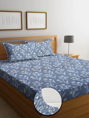 YUTERA Cotton Double Fitted (Elastic) 210 TC Floral Bedsheet(Pack of 1, Grey)