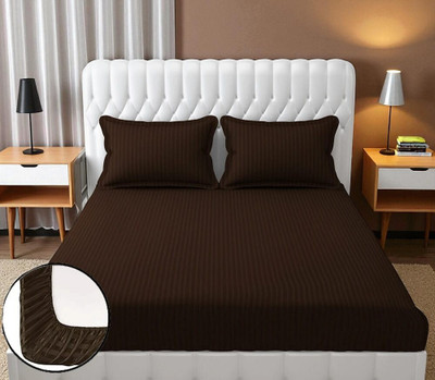 RADRUGS 175 TC Cotton Double Striped Fitted (Elastic) Bedsheet(Pack of 1, Brown)