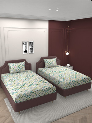 BELVOSTUM 280 TC Microfiber Single 3D Printed Flat Bedsheet(Pack of 2, Light Green)