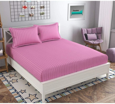 roman Cotton Queen Flat 240 TC Striped Bedsheet(Pack of 1, Pink)